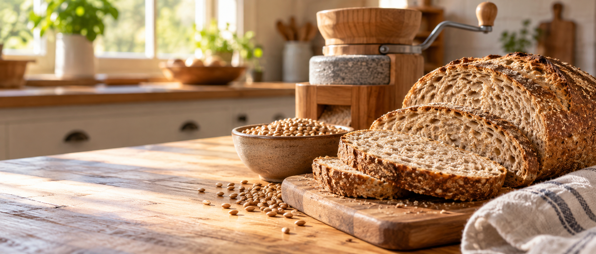Freshly baked whole-grain bread beside wheat berries and a hand mill
