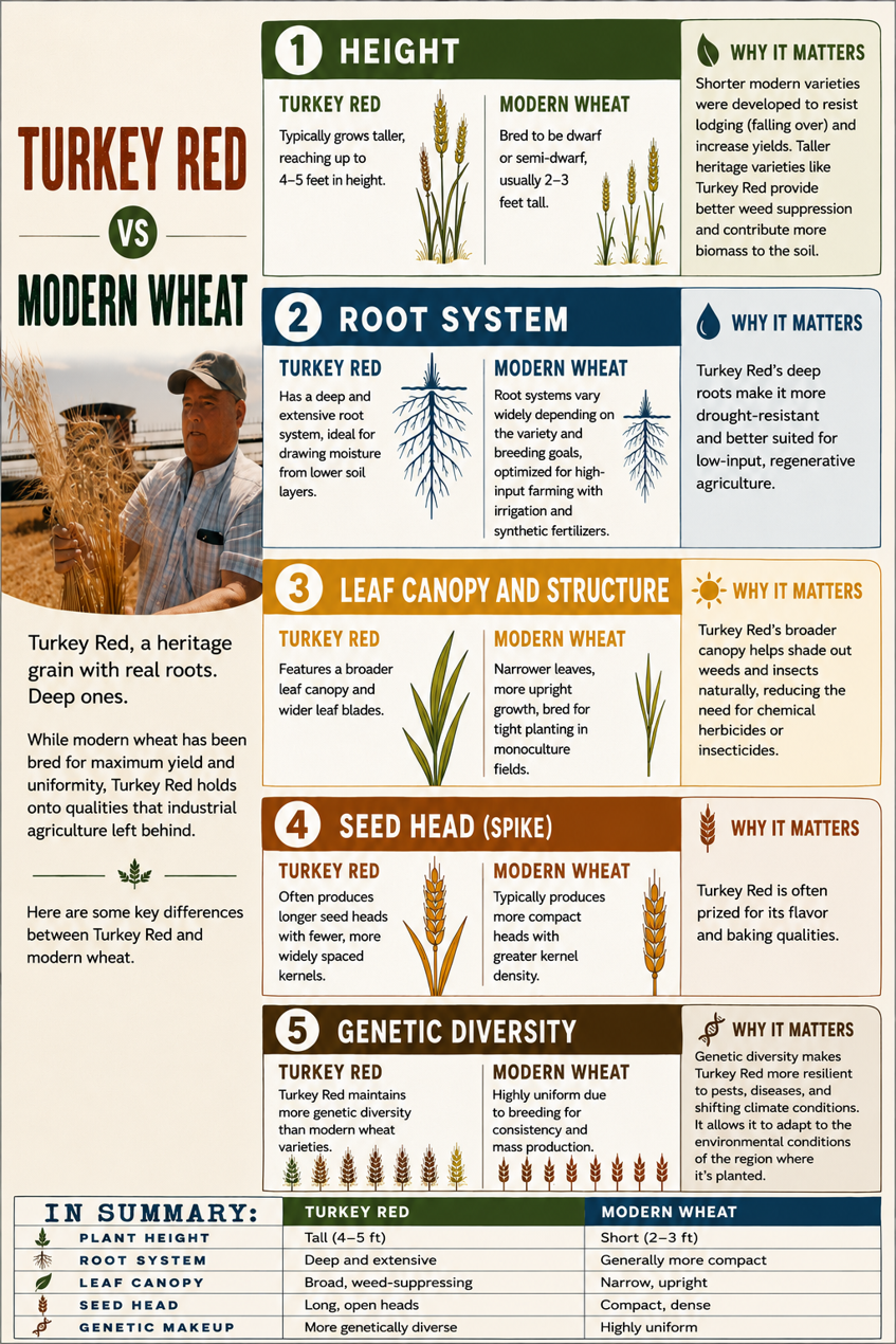 Comparison infographic about Turkey Red and modern wheat, including plant height, roots, leaf canopy, seed head, and genetic diversity.