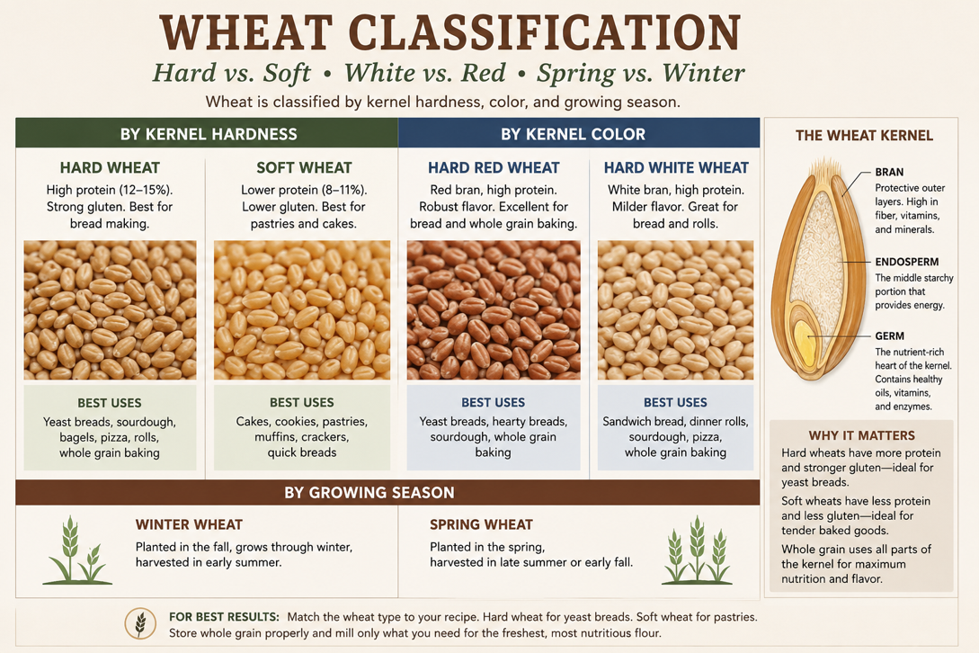 Wheat classification guide comparing kernel hardness, kernel color, and growing season, with a diagram of the bran, germ, and endosperm.
